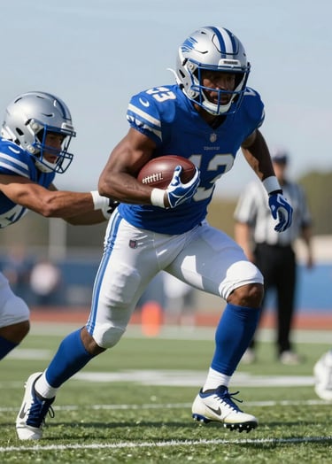 Mid-action photograph of a running back stiff-arming a defender, intense competition, vibrant colors, clear sky, professional sports broadcast quality.