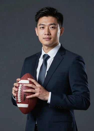 A studio portrait of the athlete in a formal pose holding a football, set against a clean #1C2B3A dark background. The lighting is sophisticated, emphasizing the professional and polished image of a high-tier recruit.