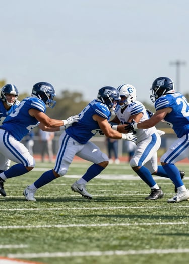 A wide action shot from the sideline of a running back hitting a gap in the defensive line. The photo captures the speed and momentum of the player. The scene is bright, with vibrant turf and a clear sky, echoing the #ECF2F8 and #8FAEC0 palette in the uniforms and gear.