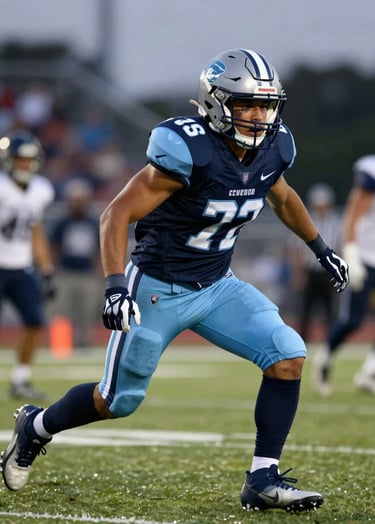 Hero action shot of a high school running back in a navy (#1C2B3A) and light blue (#8FAEC0) uniform breaking a tackle. Dynamic, powerful stance. Professional stadium lighting at dusk.