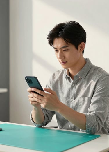 A global digital professional sits in a bright, modern studio, interacting with a smartphone. The background is a clean, pale off-white space with subtle dark slate gray accents and bright teal details on the desk. High-quality photography, soft morning light.