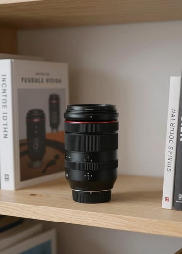 A collection of design books and a modern camera lens sitting on a light-colored wooden shelf. The composition is clean and artistic, reflecting a blend of technology and creative design skills in a Global / Digital Professional workspace.