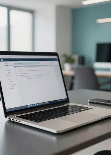 A professional workspace for a digital creator, featuring a high-end laptop on a polished dark gray desk. The background shows a modern, bright interior in a Global / Digital Professional setting, with soft teal accents.