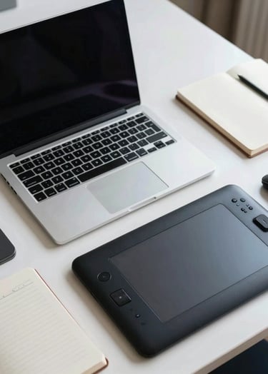 A high-angle, professional photograph of a tidy designer's workspace featuring an open laptop, a graphics tablet, and a notebook. The color palette is composed of off-white and medium gray-blue, reflecting a tech-savvy Global / Digital Professional's desk.