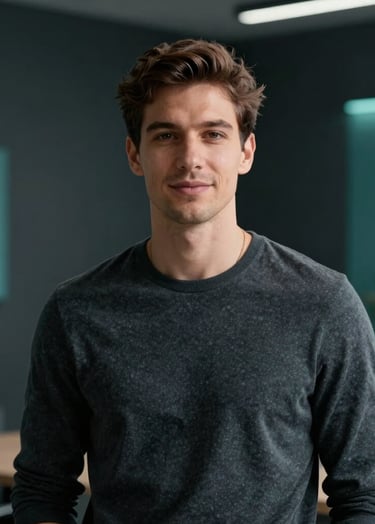 A professional and confident portrait of a young male digital professional in a modern studio setting with soft natural light, wearing smart-casual tech attire. The background is minimalist with deep charcoal and teal accents, reflecting a high-end tech-savvy atmosphere.