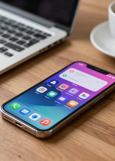 A sleek, close-up shot of a smartphone lying on a wooden desk, showing a vibrant mobile application interface. In the background, a blurred laptop and a cup of coffee create a professional yet approachable workspace for a Global / Digital Professional.