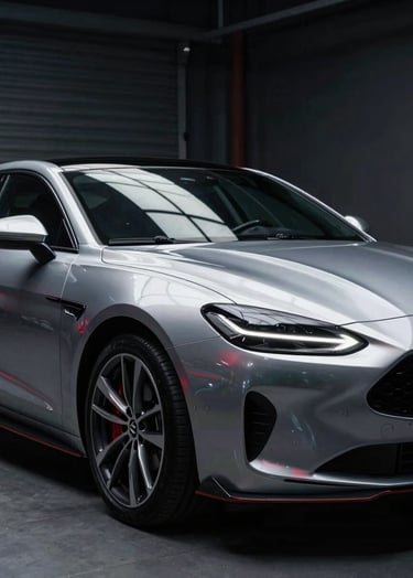 Cinematic portrait of a sleek luxury car parked in a dark warehouse. Only the contours are visible, highlighted by thin streaks of cloud white light and subtle venetian red reflections on the metallic body.