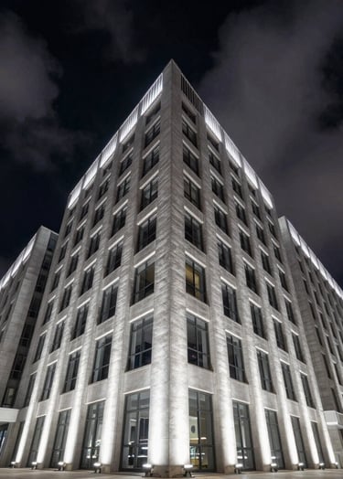 A wide cinematic shot of a modern architectural building at night, illuminated by sharp cloud white lights against a deep black sky. The composition is graphic and symmetrical, shot with a high-end cinema camera.