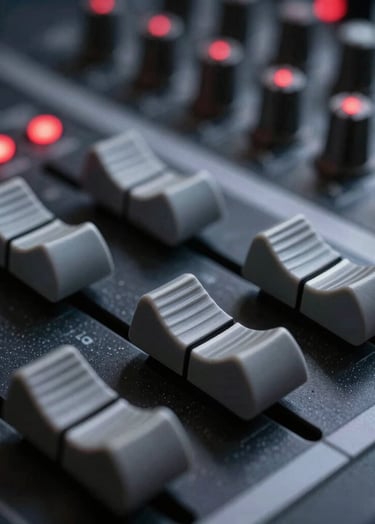 Macro shot of a high-end audio mixing console. The faders are charcoal gray, set against a deep black surface. Several small indicators glow with a sharp vivid deep red light, creating a focused, professional mood.