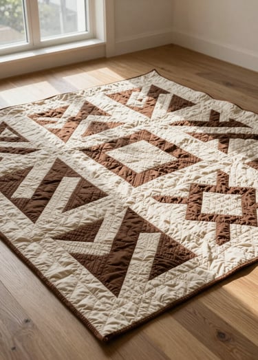 A high-angle, full-view photograph of a large quilt spread across a minimalist wooden floor. The quilt features a complex pattern of delicate cream and deep espresso geometric shapes. Soft, natural morning light streams from a side window, highlighting the rich texture of the hand-quilted linen.