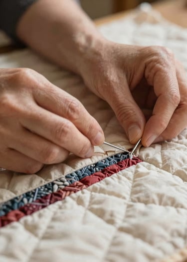 A photograph of the quilter's hands working on a section of the quilt, showing the needle pulling through multiple layers of fabric. The lighting is warm and inviting, emphasizing the handcrafted nature of the work.