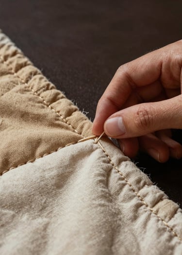 A macro photograph showing meticulous hand-stitching on a quilt. The fabric colors include soft sand and warm cream linen threads against a dark espresso background. The lighting is soft and focused, highlighting the tactile texture of the artisan's work.