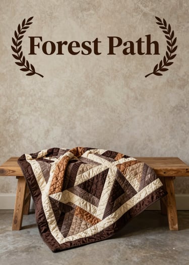 A wide-angle professional photograph of a premium quilt titled Forest Path. The quilt features sophisticated geometric patterns in deep espresso, warm taupe, and soft sand. It is draped over a handcrafted oak bench against a neutral antique parchment wall, illuminated by soft, natural side-lighting.