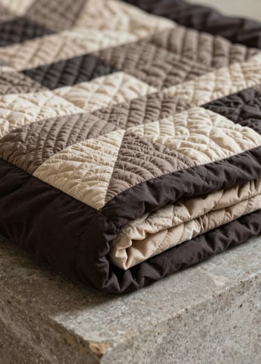 A detailed close-up of the Forest Path quilt neatly folded on a stone plinth. The fold reveals the contrast between the dark espresso backing and the intricate taupe and sand patchwork on the front. The composition is clean and modern.