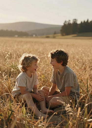 Cinematic outdoor photography of a family with two children laughing together in a sun-drenched meadow in Oregon, North American / US. The lighting is warm and golden hour, featuring soft sand and terracotta tones. Candid interaction, natural textures, authentic emotions.