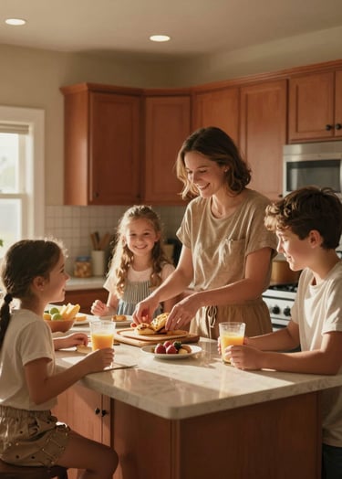 A cinematic, sun-kissed shot of a young family in a North American / US suburban kitchen. Warm terracotta and soft sand tones dominate the scene. The lighting is natural, highlighting honest laughter and authentic interaction as they prepare breakfast.