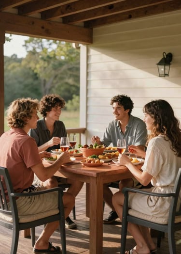 A group of friends gathering on a wooden porch for a summer meal, North American / US architecture. Warm terracotta table settings, charcoal chairs, soft sand-colored cushions, sun-drenched atmosphere with natural shadows.