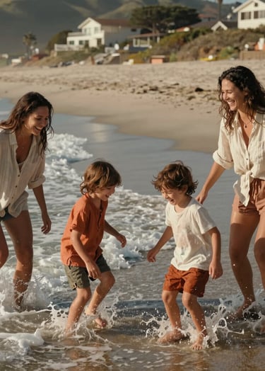 A lifestyle photography shot of a family of four playing in the shallow waves at a beach in California, North American / US setting. Candid laughter, sun-kissed skin, soft sand and terracotta accents in their casual linen clothing, cinematic natural light, shallow depth of field.