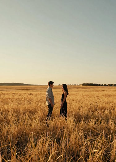 A wide cinematic landscape photograph of a couple standing in a golden North American field at dusk. Warm sun-drenched lighting fills the frame. The composition is narrative-driven, showing the scale of the environment and the authenticity of their interaction.