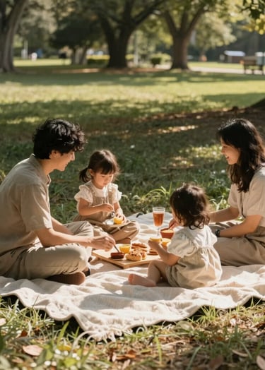A cozy, authentic outdoor picnic setup for a family in a North American park. Soft blankets in neutral sand colors, sun-drenched lighting, natural wood textures, intimate and cinematic lifestyle photography.