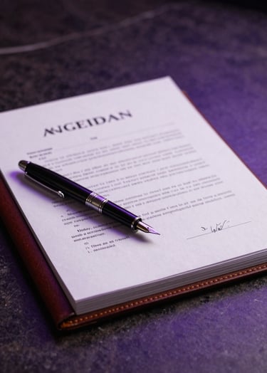 A detailed photograph of a thick legal agreement bound in leather with a fountain pen resting on top, set on a dark marble surface, soft deep purple ambient light, professional North American business aesthetic.