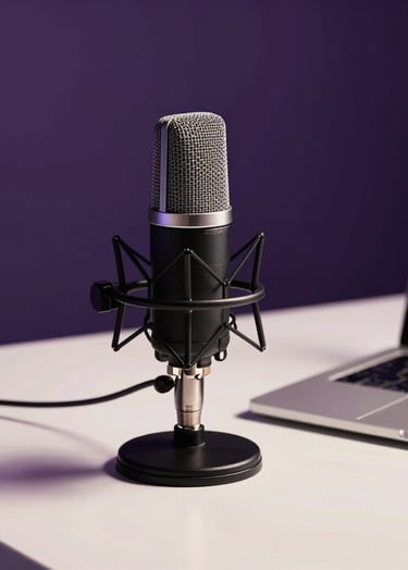 A sophisticated workspace in a North American office featuring a high-end microphone and a sleek laptop, moody lighting with deep purple shadows and bright off-white highlights, representing modern independent production.