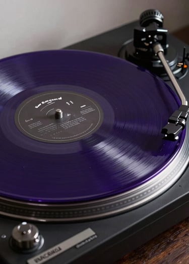 A professional photograph of a premium vinyl record spinning on a high-fidelity turntable. The record is translucent deep purple, and the equipment is sleek black. The lighting is focused and dramatic, capturing the modern and professional vibe of the company.
