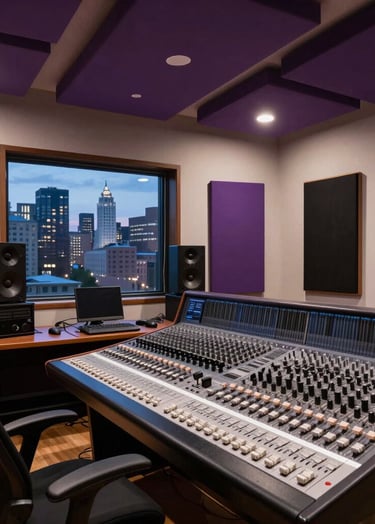 A sophisticated, moody photograph of a high-end music production studio in a North American city. The room features deep purple accent lighting and off-white walls. A sleek professional mixing console is in focus, while the background shows a cityscape through a window at dusk.