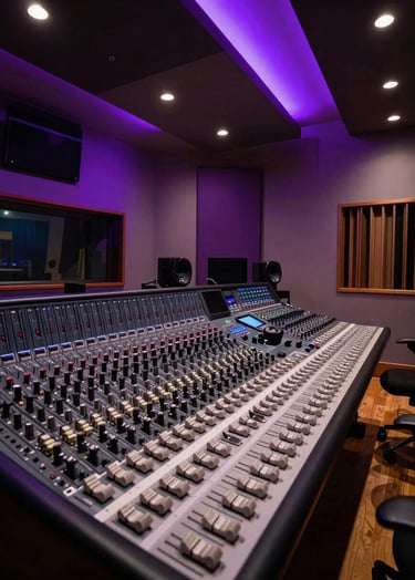 A wide shot of a dimly lit, high-end North American recording studio with deep purple neon accents and a massive professional mixing console in the foreground.