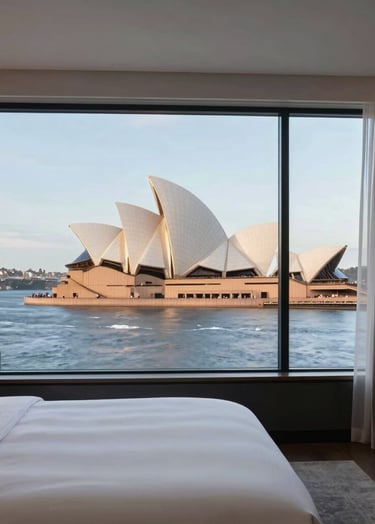 A professional interior photograph of a premium hotel suite overlooking the Sydney Opera House. The room is styled with white and grey linens, minimal decor, and bathed in the soft, blue-hour light of early evening.