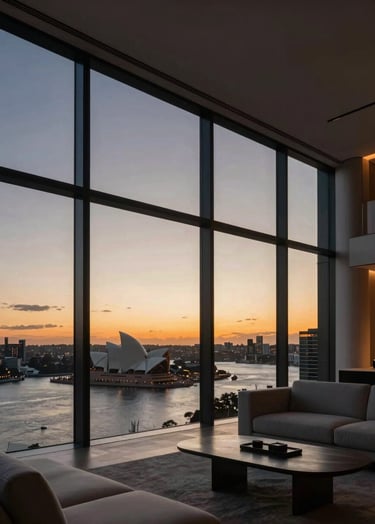 Architectural photography of a luxury Sydney penthouse interior at dusk, floor-to-ceiling windows reflecting the orange glow of the sunset over the harbour, minimalist grey furniture, cinematic soft lighting, professional and exclusive atmosphere.