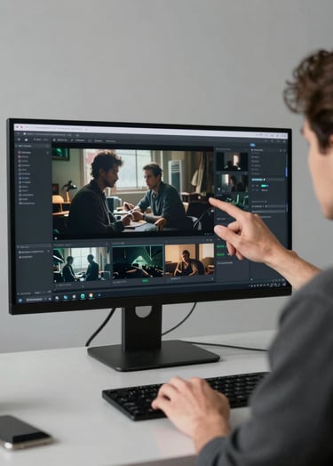 A minimalist lifestyle shot of an Australian / Sydney creative professional reviewing cinematic footage on a large monitor in a high-end, grey-toned studio environment, soft natural daylight.