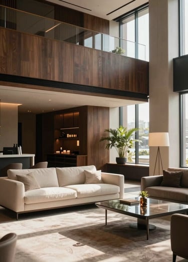 Cinematic wide shot of a luxury hotel lobby in Sydney, featuring soft natural morning light, minimalist furniture in off-white and dark wood, and a high-end architectural feel with professional composition.