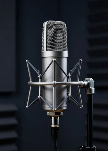 A high-quality professional studio microphone standing in a soundproof room. The lighting is moody with deep midnight navy shadows and cool steel grey highlights on the metal mesh. Clean, modern aesthetic in a professional Latin American studio.