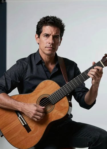 A sophisticated professional portrait of a Latin American / Spanish male musician holding a classical guitar, sitting in a minimalist studio with Soft White walls and Dark Navy shadows. High-quality lighting, modern artistic mood.
