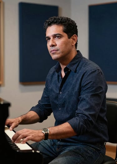 A sophisticated professional portrait of a male musician in a modern Latin American / Spanish recording studio. He is dressed in smart-casual attire, sitting thoughtfully near a piano. The lighting is soft and cinematic, with accents of dark midnight blue and soft off-white in the background decor.