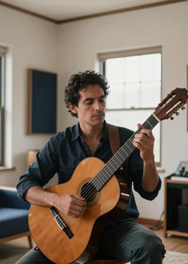A sophisticated professional portrait of a male musician in a minimalist Latin American / Spanish home studio, natural light through large windows, soft off-white and dark navy decor, artist holding a classical guitar.