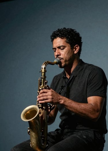 An artistic shot of a musician performing on a stage with a minimalist Muted Blue spotlight background in a Latin American / Spanish jazz club. Atmospheric and moody.