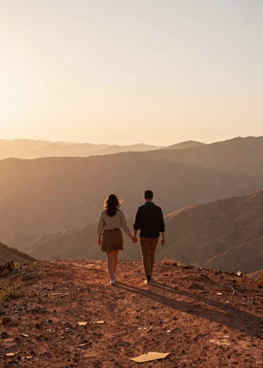 A cinematic, wide-angle shot of a couple walking hand-in-hand across a mountain ridge. The sun is low, casting a warm terracotta glow across the landscape. The atmosphere is hazy and sun-drenched. The couple wears earthy brown and soft sand tones.