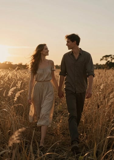 Sarah and Tom walking hand-in-hand through a field of tall, dry grass at sunset. The atmosphere is warm and cinematic, featuring sun-drenched lighting and a soft brown and sand palette.