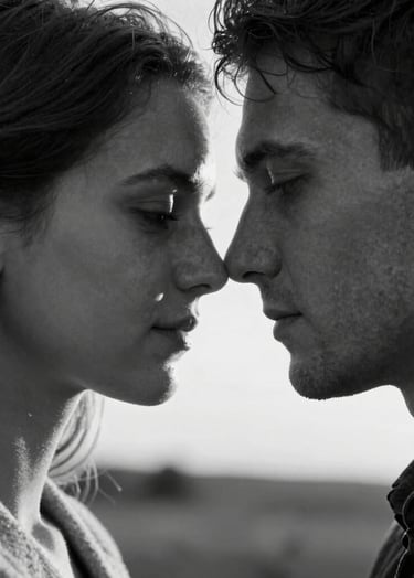 An intimate black and white portrait of a couple with their foreheads touching. The lighting is cinematic with strong highlights from the setting sun, emphasizing natural beauty and connection.