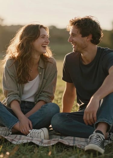 The couple sitting on a blanket on the ground, sharing a real, unposed moment of laughter. The lighting is back-lit and cinematic, creating a warm halo around them.