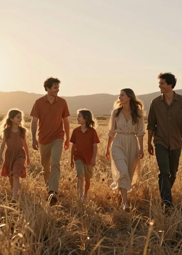 A cinematic, wide shot of a family of four walking through a field of tall, dry grass in Ojai at golden hour. The lighting is warm and sun-drenched, with soft flares. The family is dressed in earthy Terracotta and Soft Sand tones, laughing authentically as they walk toward the horizon.