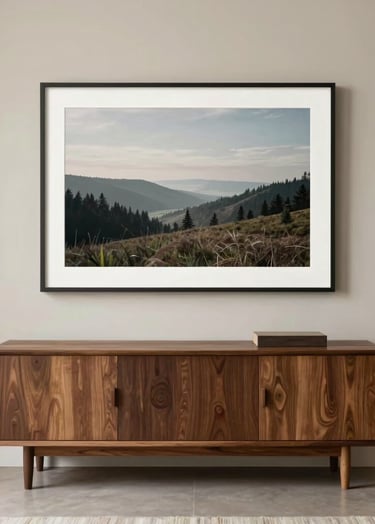 Minimalist interior of a North American living room featuring light beige walls and a large framed landscape photograph above a low-profile dark brown wooden credenza. Soft natural light, Japandi aesthetic.