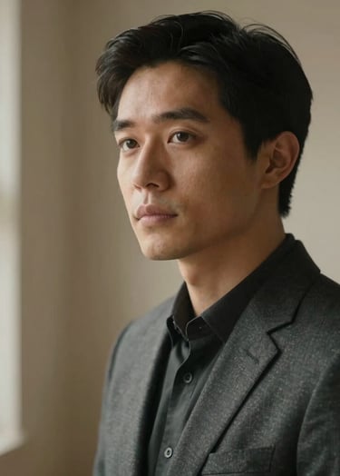 A soft-focus, intimate portrait of a person looking thoughtfully past the camera, minimalist beige backdrop, warm natural lighting from a side window, charcoal accents, North American / Canadian professional attire.