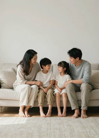 A warm and intimate portrait of a family sharing a quiet moment in a minimalist, sunlit living room in North America. The scene is clean and professional, utilizing soft off-white and light warm grey tones to emphasize emotional depth.