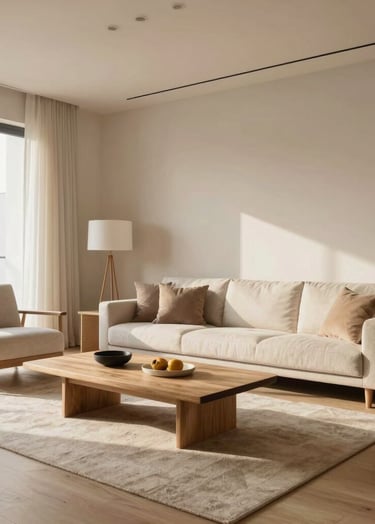 High-end interior photography of a minimalist Japandi-style living room in a North American home. Features low-profile furniture in light wood and stone, captured with a warm and inviting natural light.