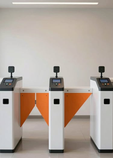 An interior shot of a minimalist South American / Brazilian reception area with a secure electronic turnstile. The composition is clean and symmetrical, with white and black accents and a splash of orange from a brand element.