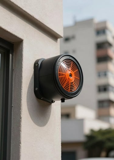 An external alarm siren with a deep black casing and vibrant orange logo, installed on a modern architectural wall of a house in a South American / Brazilian city, bright daylight, cinematic style.