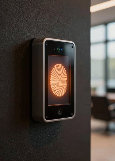 A high-tech biometric fingerprint scanner mounted on a textured dark wall in a modern South American / Brazilian corporate lobby. The scanner glows with a soft orange light, captured with cinematic shallow depth of field, warm natural lighting from a nearby window.